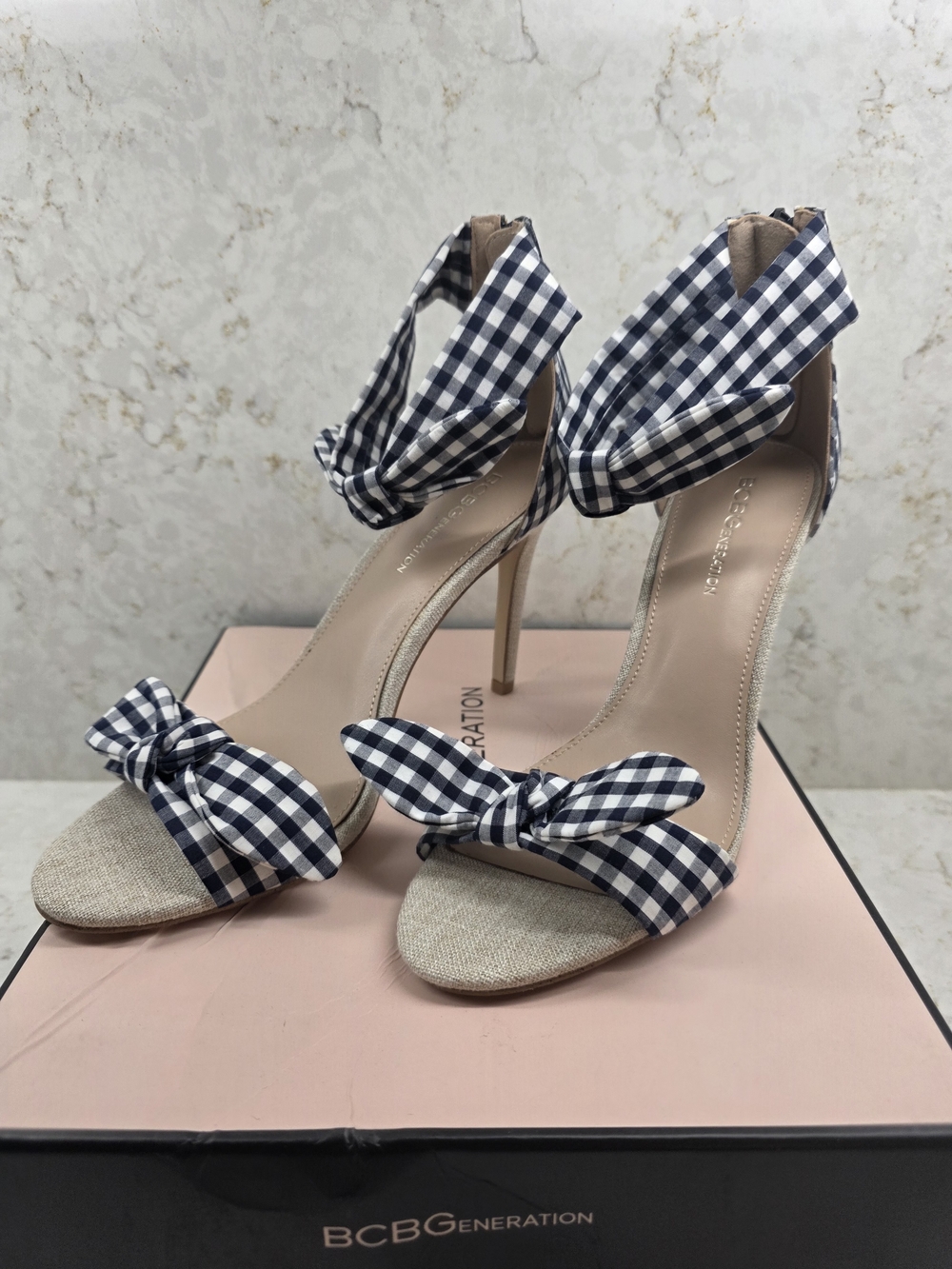 BCBGeneration Navy and White Gingham Bow Ankle-Tie Stiletto Sandals